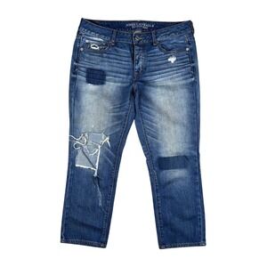 American Eagle Button-fly Boy Crop Jeans Women's 10 Patch Distressed Medium Wash